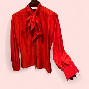 Vintage 70’s fire engine red flowy tie neck disco blouse Elles Belles 🔥🚒🧯